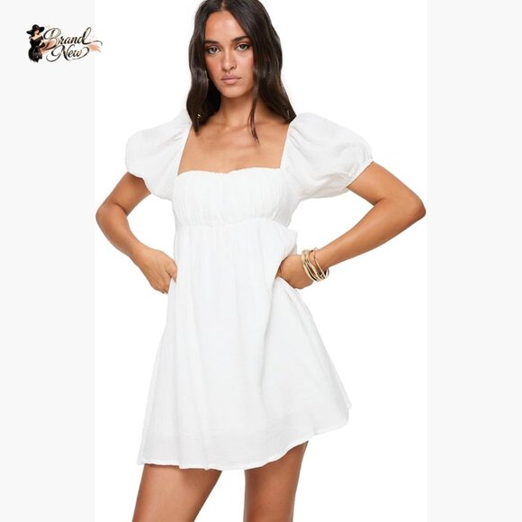 Dresses & Skirts - White Mini Dress with Puff Sleeves, Square Neck, Cotton Summer Party